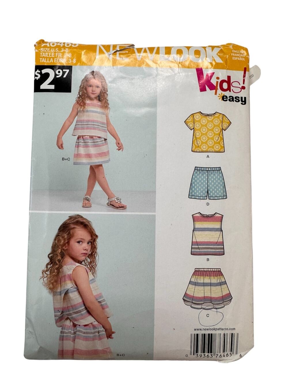 NEW LOOK Kids Skirt Short Outfit Pattern A6465 Size 3-7 US Cut & Uncut